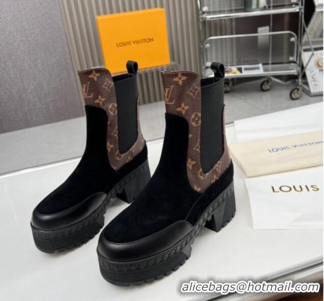 Charming Louis Vuitton Laureate Platform Chelsea Ankle Boot Black Suede and Monogram 012127