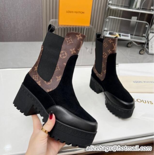 Charming Louis Vuitton Laureate Platform Chelsea Ankle Boot Black Suede and Monogram 012127