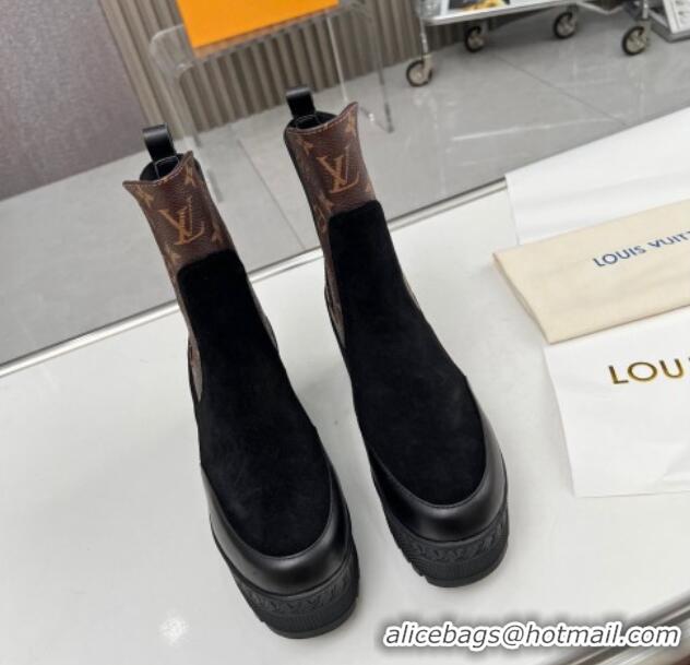 Charming Louis Vuitton Laureate Platform Chelsea Ankle Boot Black Suede and Monogram 012127