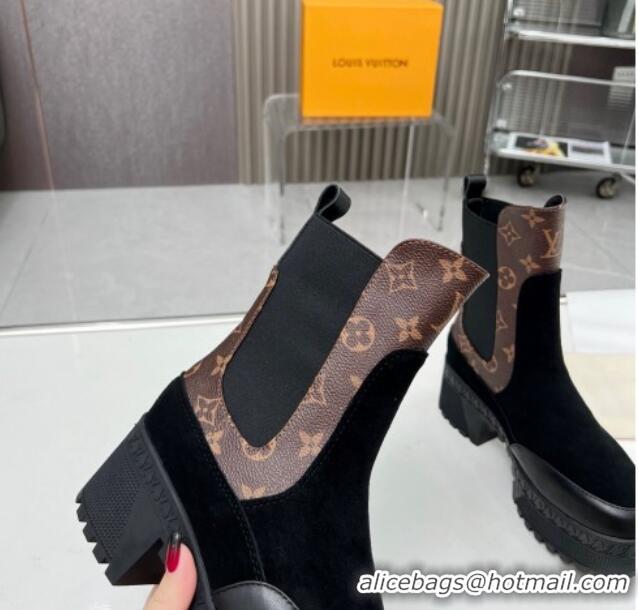 Charming Louis Vuitton Laureate Platform Chelsea Ankle Boot Black Suede and Monogram 012127