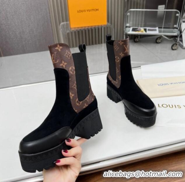 Charming Louis Vuitton Laureate Platform Chelsea Ankle Boot Black Suede and Monogram 012127