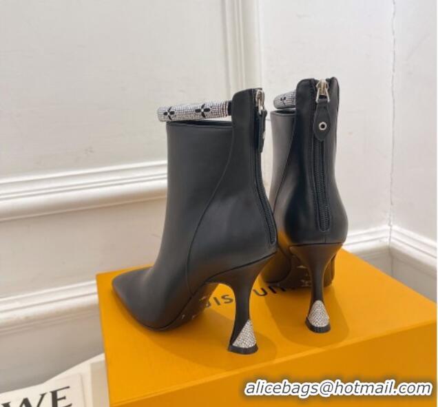 Best Quality Louis Vuitton Calf Leather Ankle Boot 9.5cm with Crystal Ankle Strap Black 012128