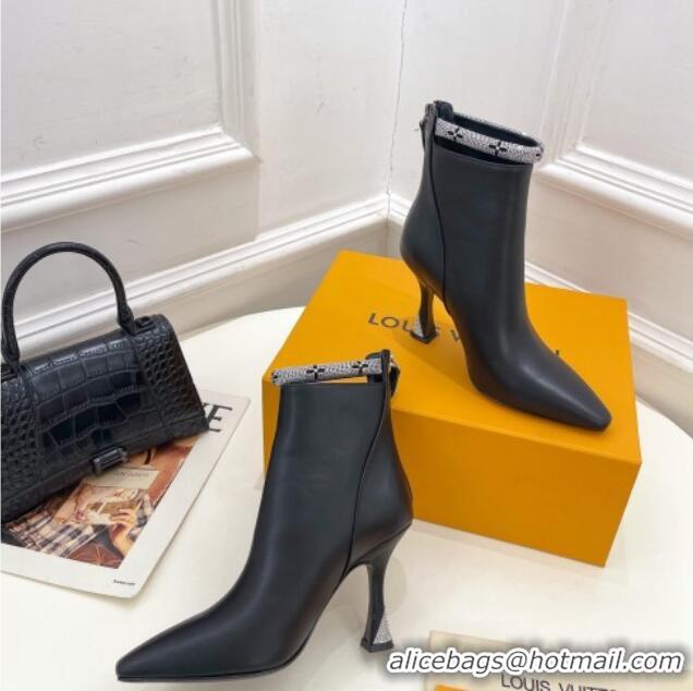 Best Quality Louis Vuitton Calf Leather Ankle Boot 9.5cm with Crystal Ankle Strap Black 012128