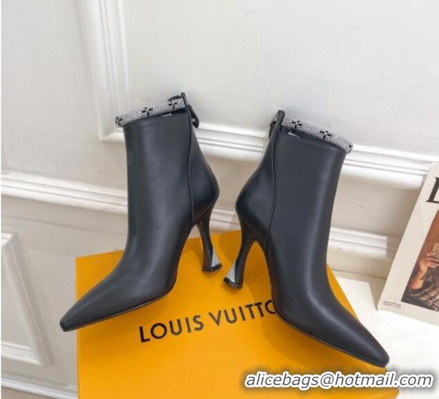 Best Quality Louis Vuitton Calf Leather Ankle Boot 9.5cm with Crystal Ankle Strap Black 012128