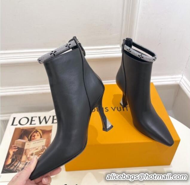 Best Quality Louis Vuitton Calf Leather Ankle Boot 9.5cm with Crystal Ankle Strap Black 012128