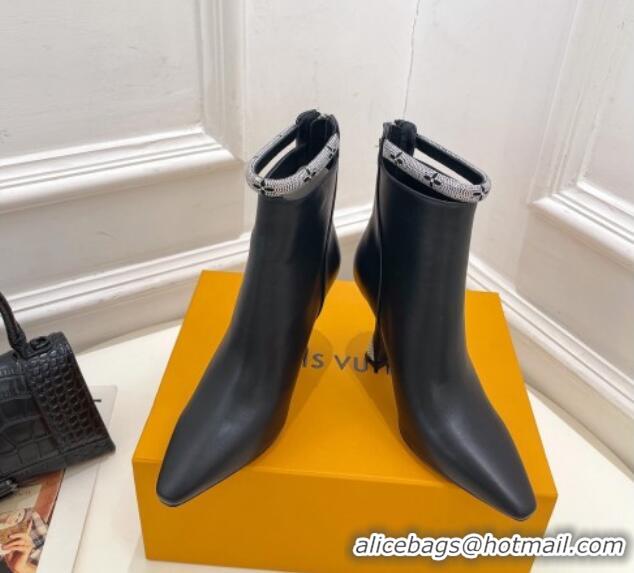 Best Quality Louis Vuitton Calf Leather Ankle Boot 9.5cm with Crystal Ankle Strap Black 012128