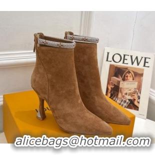 Super Quality Louis Vuitton Suede Ankle Boot 9.5cm with Crystal Ankle Strap Brown 012129