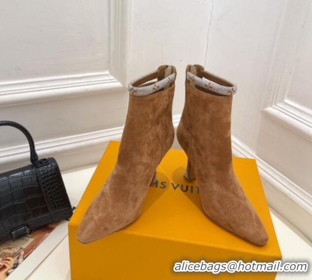 Super Quality Louis Vuitton Suede Ankle Boot 9.5cm with Crystal Ankle Strap Brown 012129