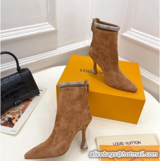 Super Quality Louis Vuitton Suede Ankle Boot 9.5cm with Crystal Ankle Strap Brown 012129