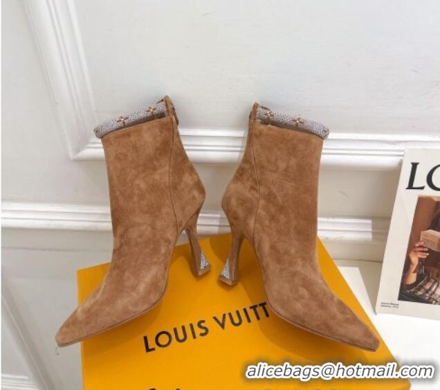 Super Quality Louis Vuitton Suede Ankle Boot 9.5cm with Crystal Ankle Strap Brown 012129