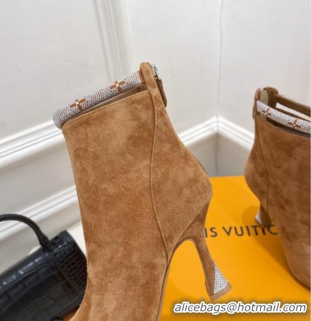 Super Quality Louis Vuitton Suede Ankle Boot 9.5cm with Crystal Ankle Strap Brown 012129