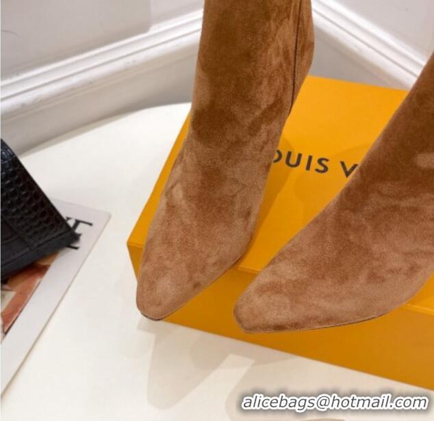 Super Quality Louis Vuitton Suede Ankle Boot 9.5cm with Crystal Ankle Strap Brown 012129