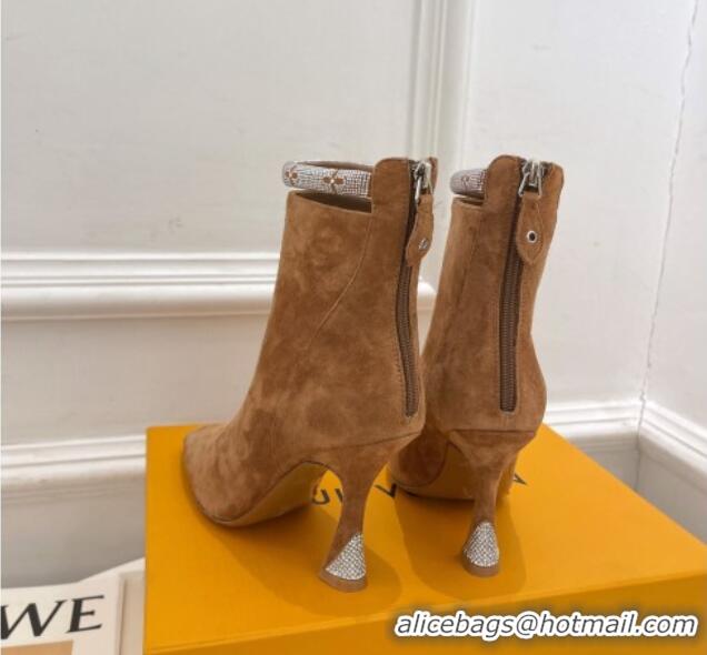 Super Quality Louis Vuitton Suede Ankle Boot 9.5cm with Crystal Ankle Strap Brown 012129