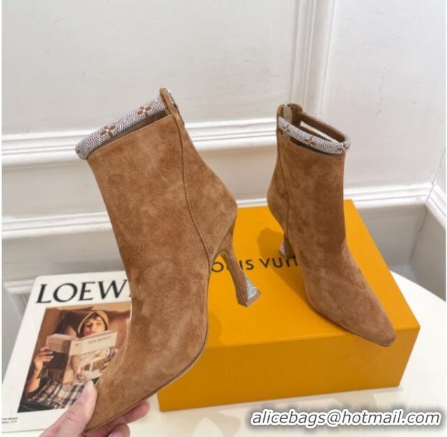 Super Quality Louis Vuitton Suede Ankle Boot 9.5cm with Crystal Ankle Strap Brown 012129