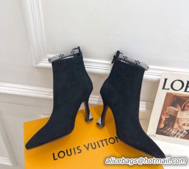 Best Price Louis Vuitton Suede Ankle Boot 9.5cm with Crystal Ankle Strap Black 012130