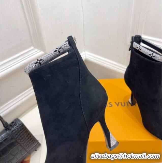 Best Price Louis Vuitton Suede Ankle Boot 9.5cm with Crystal Ankle Strap Black 012130