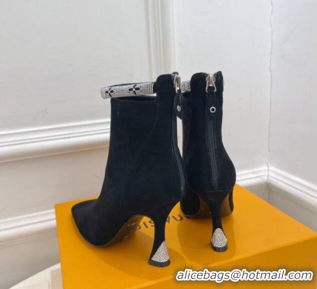 Best Price Louis Vuitton Suede Ankle Boot 9.5cm with Crystal Ankle Strap Black 012130