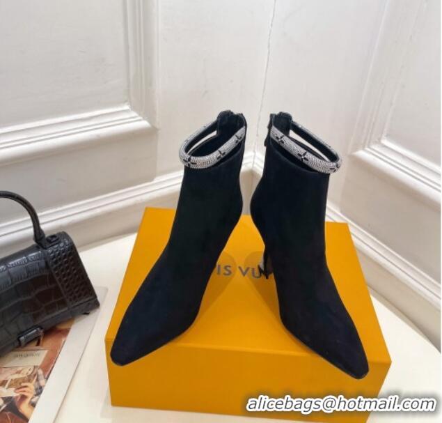 Best Price Louis Vuitton Suede Ankle Boot 9.5cm with Crystal Ankle Strap Black 012130