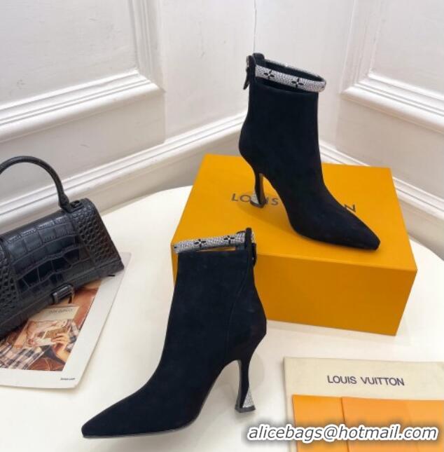 Best Price Louis Vuitton Suede Ankle Boot 9.5cm with Crystal Ankle Strap Black 012130