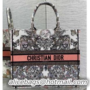 Grade Design LARGE DIOR BOOK TOTE White and Pastel Pink Butterfly Around The World Embroidery M1286ZES