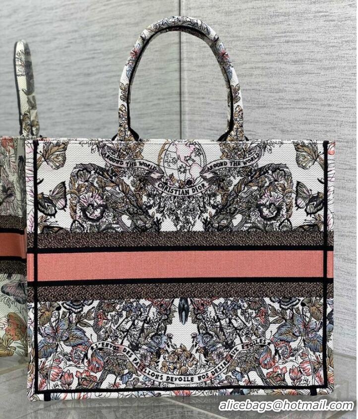 Grade Design LARGE DIOR BOOK TOTE White and Pastel Pink Butterfly Around The World Embroidery M1286ZES