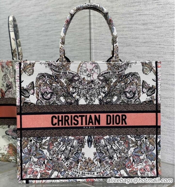 Grade Design LARGE DIOR BOOK TOTE White and Pastel Pink Butterfly Around The World Embroidery M1286ZES