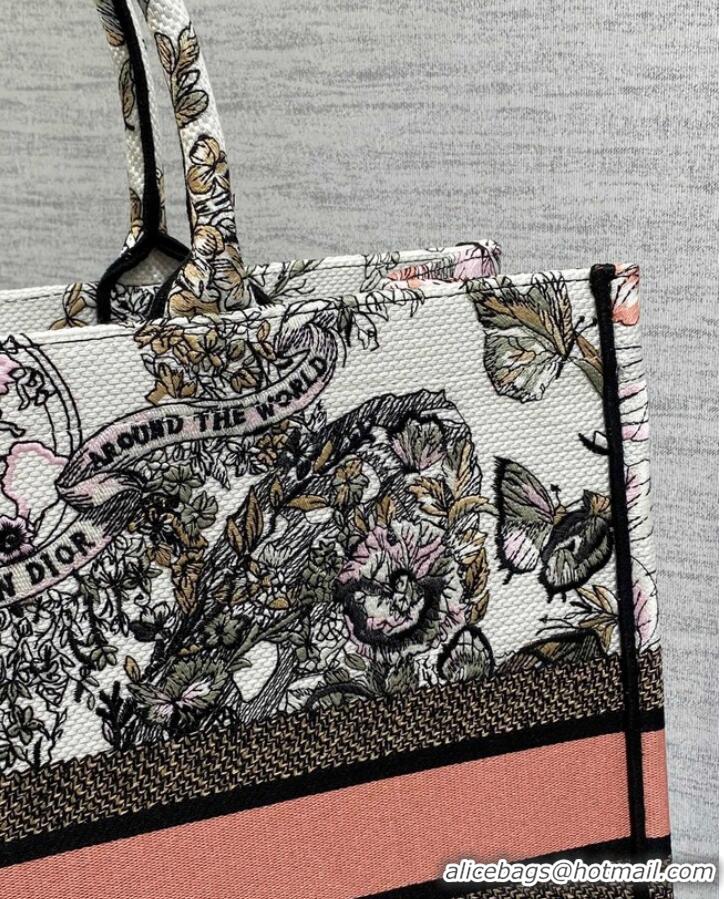 Grade Design LARGE DIOR BOOK TOTE White and Pastel Pink Butterfly Around The World Embroidery M1286ZES