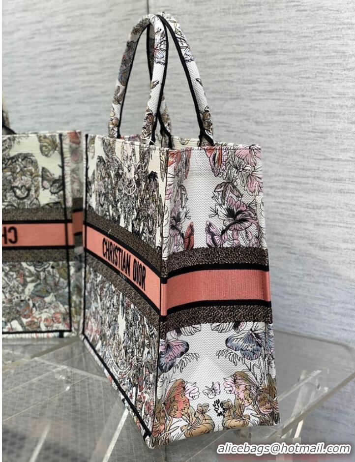 Grade Design LARGE DIOR BOOK TOTE White and Pastel Pink Butterfly Around The World Embroidery M1286ZES