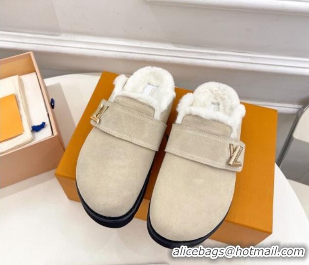 Popular Style Louis Vuitton LV Cosy Flat Comfort Clog Mules in Suede Light Beige 012136