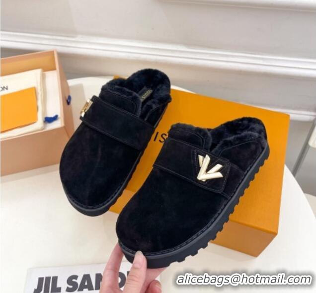 Pretty Style Louis Vuitton LV Cosy Flat Comfort Clog Mules in Suede Black 012137