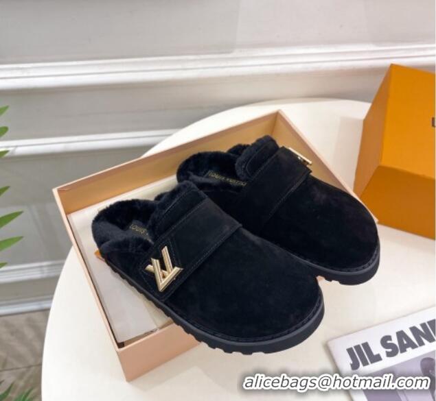 Pretty Style Louis Vuitton LV Cosy Flat Comfort Clog Mules in Suede Black 012137