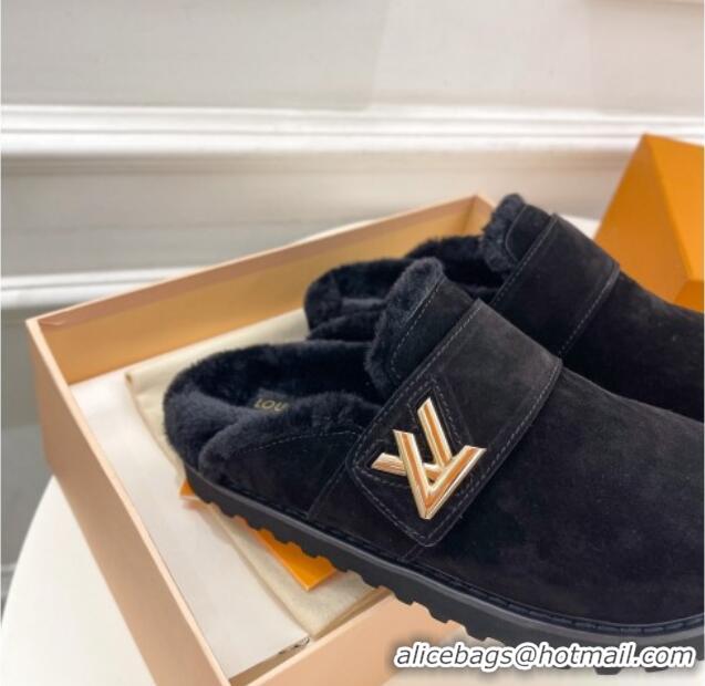 Pretty Style Louis Vuitton LV Cosy Flat Comfort Clog Mules in Suede Black 012137