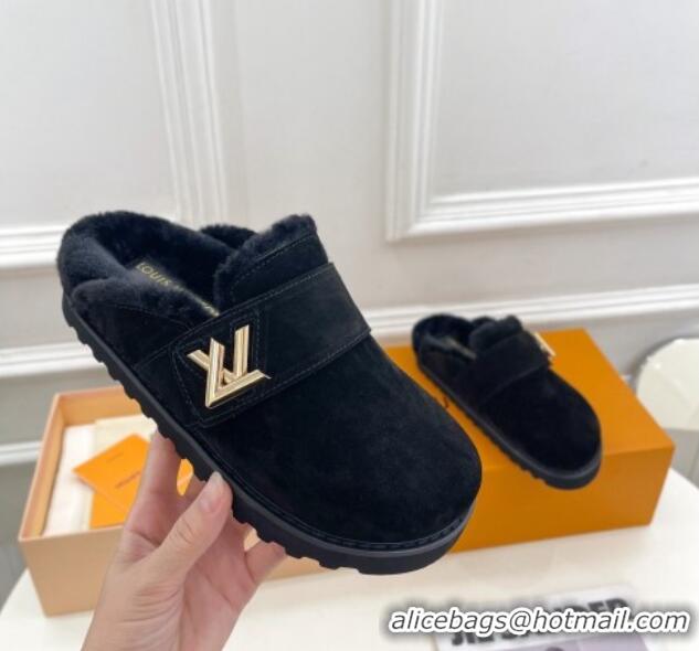 Pretty Style Louis Vuitton LV Cosy Flat Comfort Clog Mules in Suede Black 012137