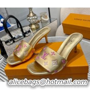 Good Quality Louis Vuitton Revival Heel Slide Sandals 6.5cm in Monogram Leather Gold 012151