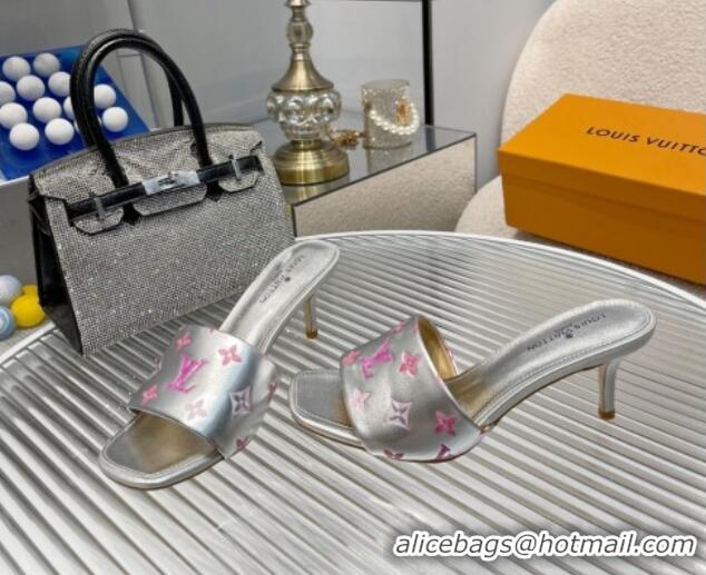 Crafted Louis Vuitton Revival Heel Slide Sandals 6.5cm in Monogram Leather Silver 012155