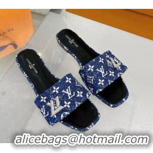 Purchase Louis Vuitton Shake Flat Slide Sandals in Monogram Textile and Crystals Denim Blue 012158