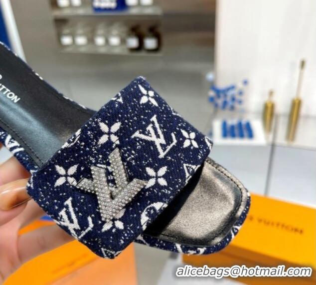 Best Quality Louis Vuitton Shake Flat Slide Sandals in Monogram Textile and Crystals Dark Blue 012159