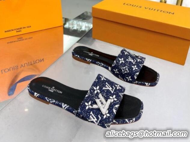 Best Quality Louis Vuitton Shake Flat Slide Sandals in Monogram Textile and Crystals Dark Blue 012159