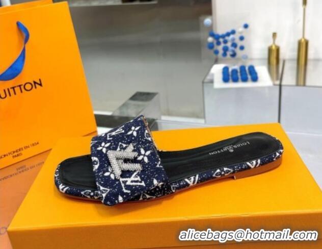 Best Quality Louis Vuitton Shake Flat Slide Sandals in Monogram Textile and Crystals Dark Blue 012159