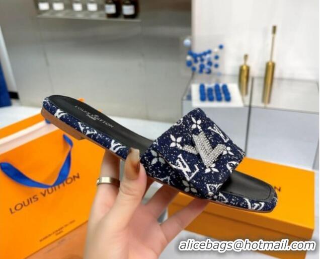 Best Quality Louis Vuitton Shake Flat Slide Sandals in Monogram Textile and Crystals Dark Blue 012159