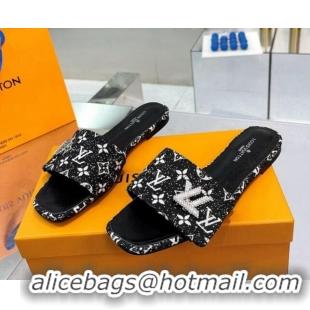 Luxurious Louis Vuitton Shake Flat Slide Sandals in Monogram Textile and Crystals Black 012160