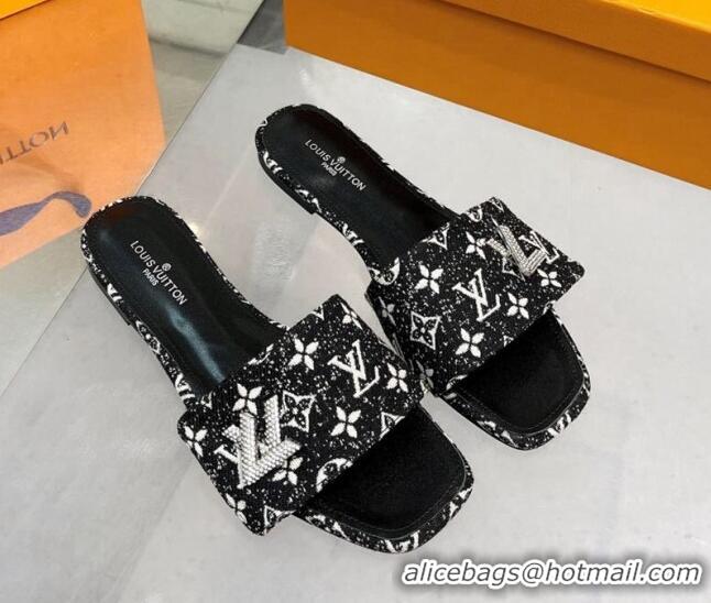 Luxurious Louis Vuitton Shake Flat Slide Sandals in Monogram Textile and Crystals Black 012160