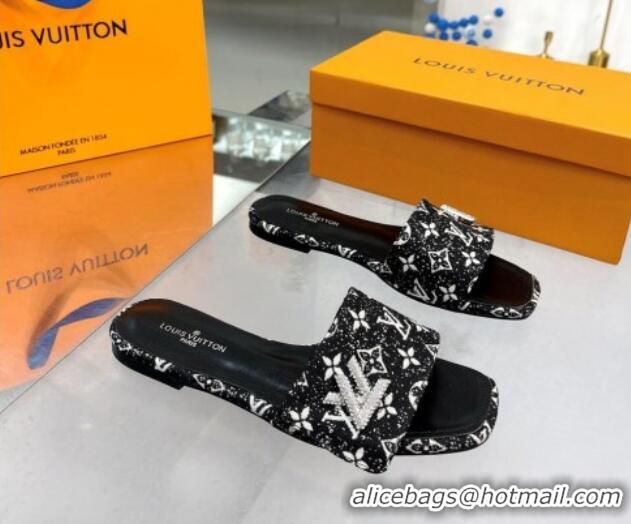 Luxurious Louis Vuitton Shake Flat Slide Sandals in Monogram Textile and Crystals Black 012160