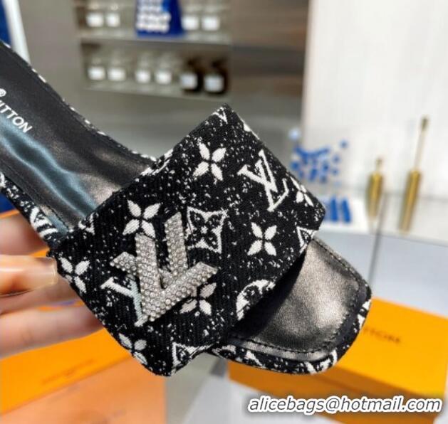 Luxurious Louis Vuitton Shake Flat Slide Sandals in Monogram Textile and Crystals Black 012160