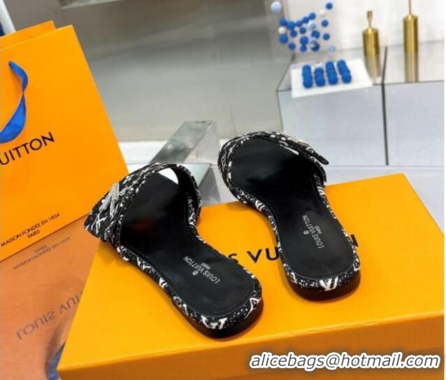 Luxurious Louis Vuitton Shake Flat Slide Sandals in Monogram Textile and Crystals Black 012160