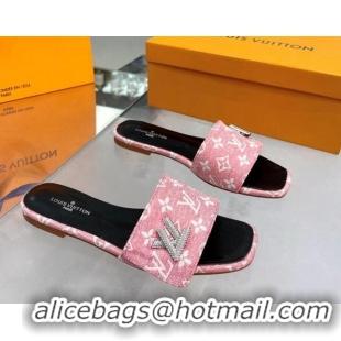 Top Grade Louis Vuitton Shake Flat Slide Sandals in Monogram Textile and Crystals Light Pink 012161