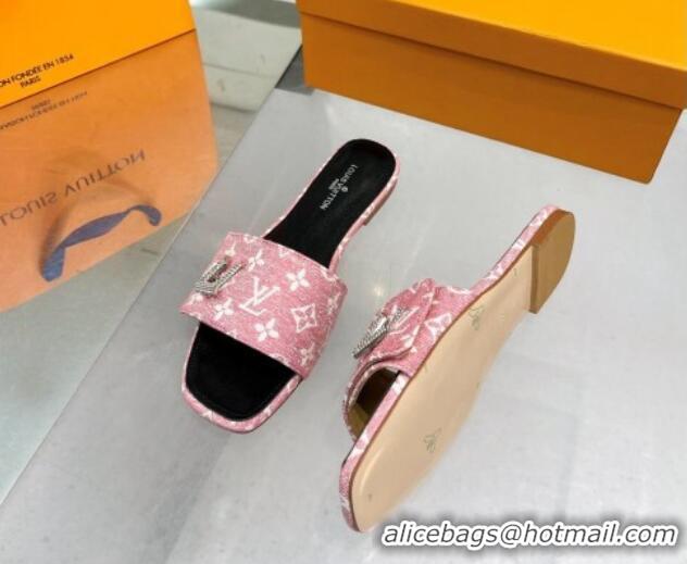 Top Grade Louis Vuitton Shake Flat Slide Sandals in Monogram Textile and Crystals Light Pink 012161