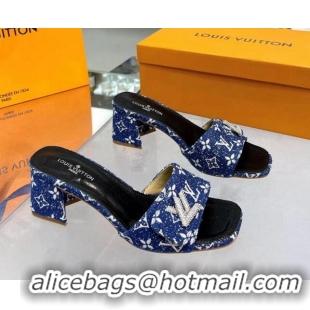 Most Popular Louis Vuitton Shake Heel Slide Sandals 5cm in Monogram Textile and Crystals Denim Blue 012162