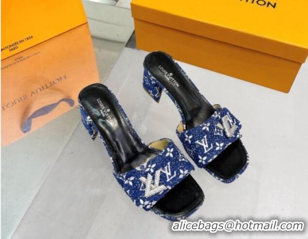 Most Popular Louis Vuitton Shake Heel Slide Sandals 5cm in Monogram Textile and Crystals Denim Blue 012162