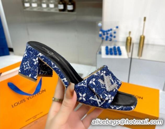 Most Popular Louis Vuitton Shake Heel Slide Sandals 5cm in Monogram Textile and Crystals Denim Blue 012162